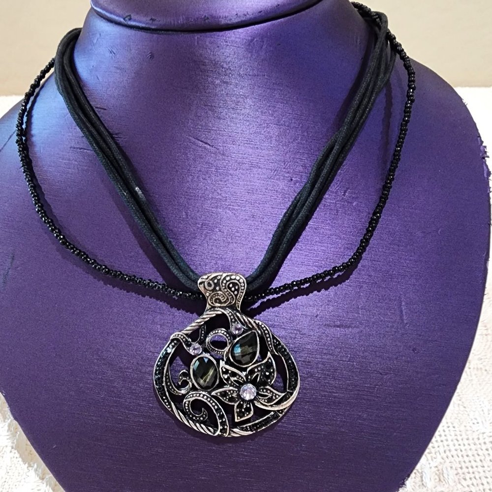 Contemporary Floral Rhinestone Medallion Silver Black Statement Necklace